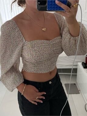 Floral Smocked Square Neck Crop Top - Cream Pink